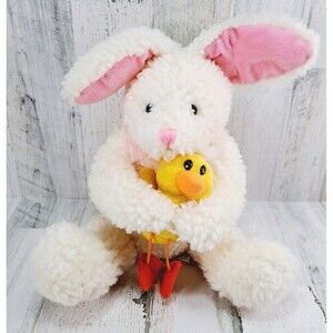 Sugar Loaf Plush Bunny Rabbit Holding Chick Easter Stuffed Toy Textured Fur 12"